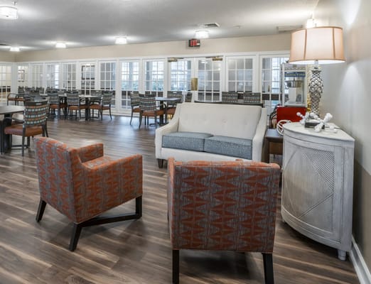 Bright interior of a dining room area with seating