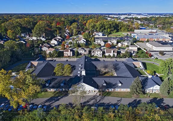 Aerial view of the American House Livonia facility surrounded by residential areas