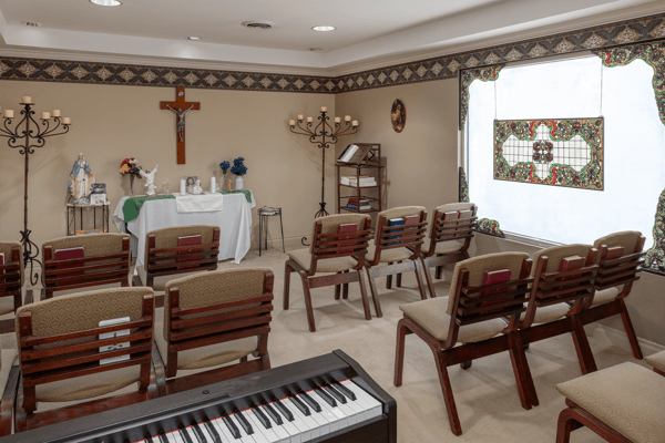 Interior view of a small chapel with seating