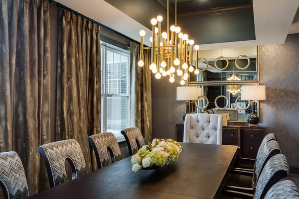 Elegant dining room with stylish decor and lighting