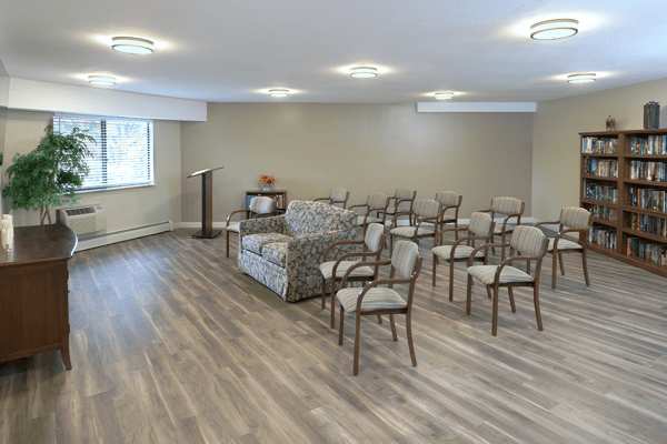 Interior view of a common area with seating