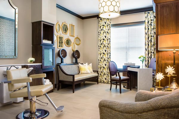 Well-decorated beauty salon area in a senior living facility