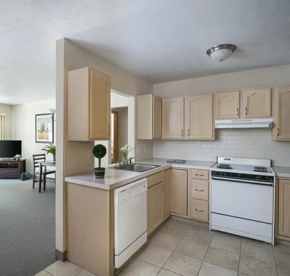 Interior view of a kitchen in a senior living apartment