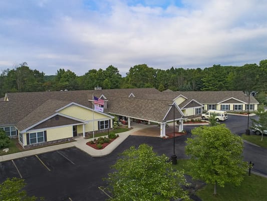 Aerial view of American House Charlevoix facility with landscaping