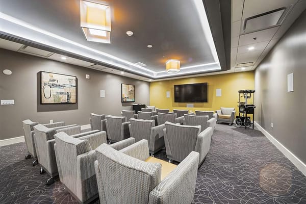 Interior lounge area with seating and lighting