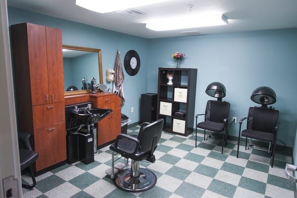 Interior view of a hair salon in a senior living facility