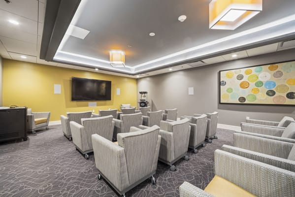 Interior view of a common area with seating