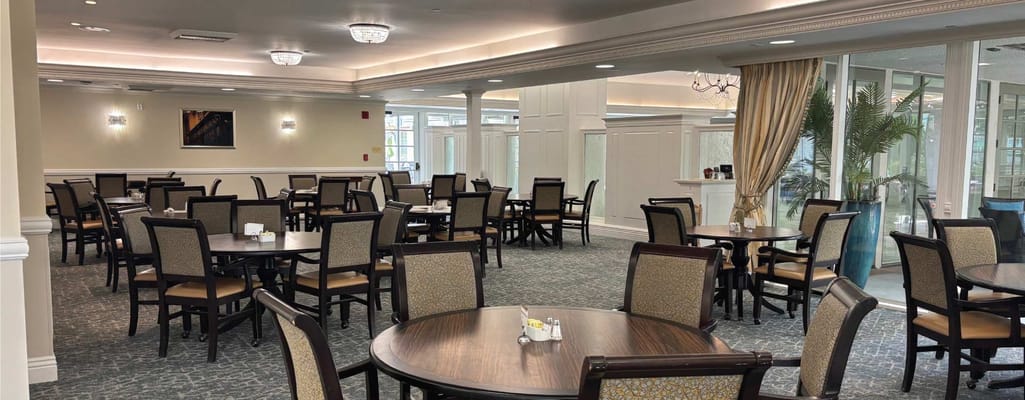 Bright dining room with tables and chairs set