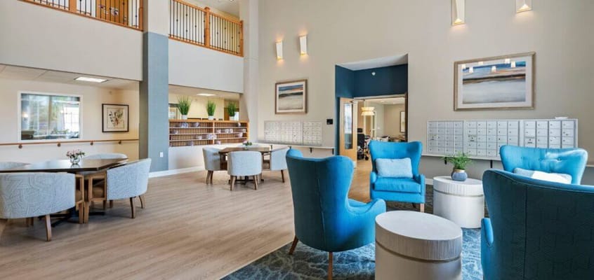 Bright common area with seating and decor