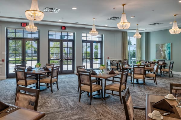 Stylish dining room with elegant decor and seating