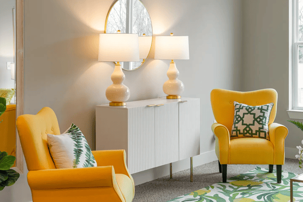 Bright and inviting interior with yellow armchairs