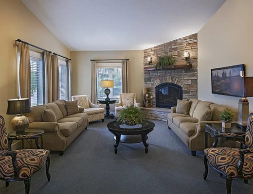 Cozy common area with comfortable seating and fireplace