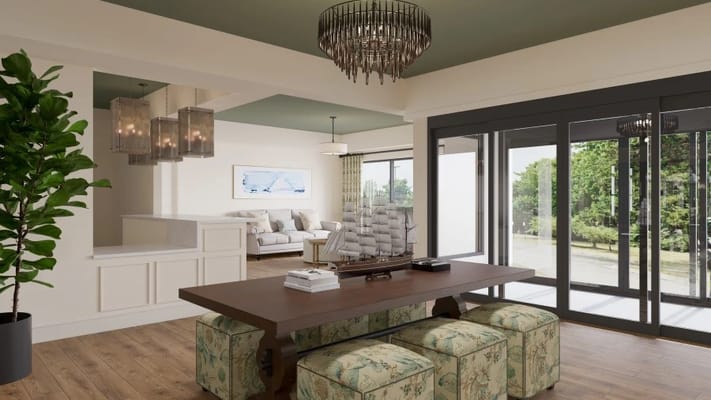 Bright common area with large windows and modern decor