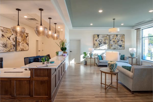 Warm and inviting reception area with floral decor