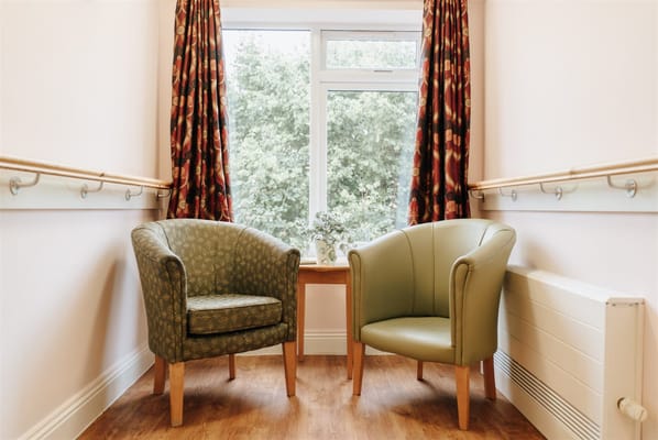 Two comfortable chairs by a window in a common area