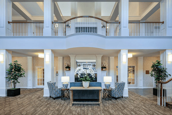 Bright and inviting lobby with modern decor and plants