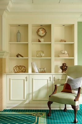 Well-furnished interior common area with decorative shelving