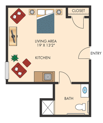 Architectural floor plan of a one-bedroom unit
