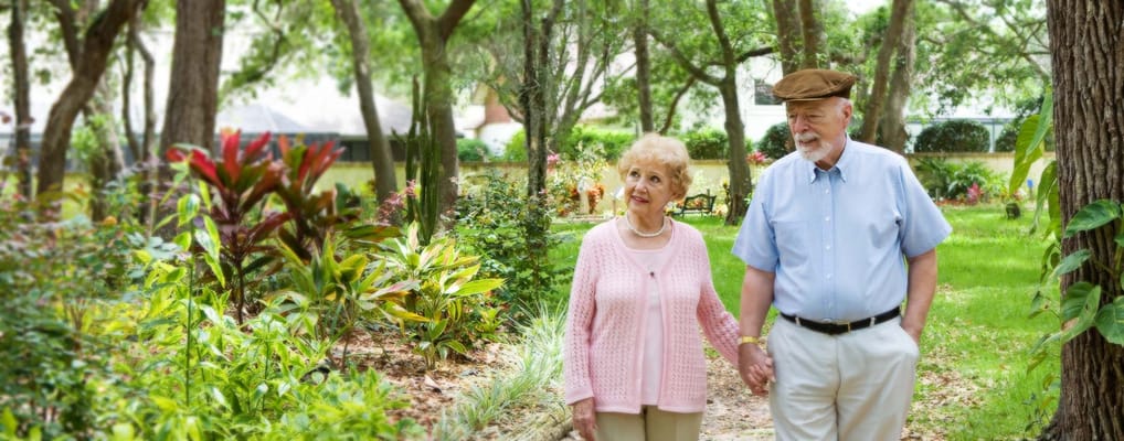 Senior couple walking hand-in-hand in a beautiful garden