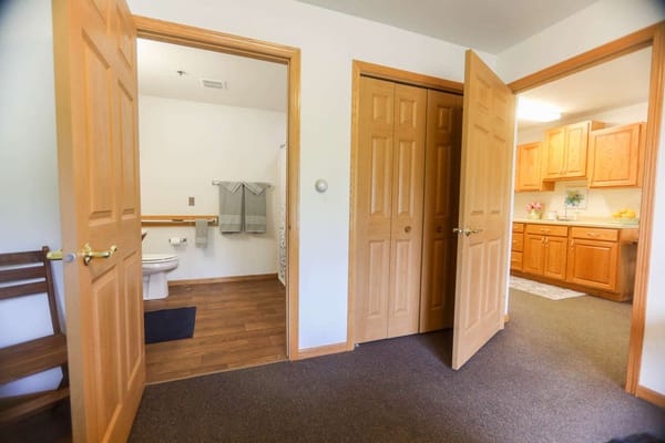 Interior view of a resident room with kitchen area