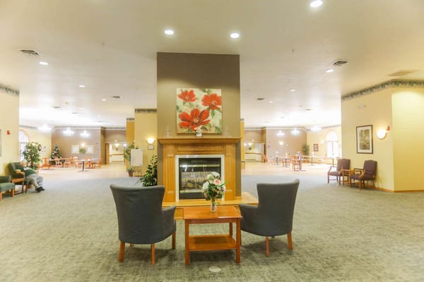 Interior view of a common area with seating and decorations