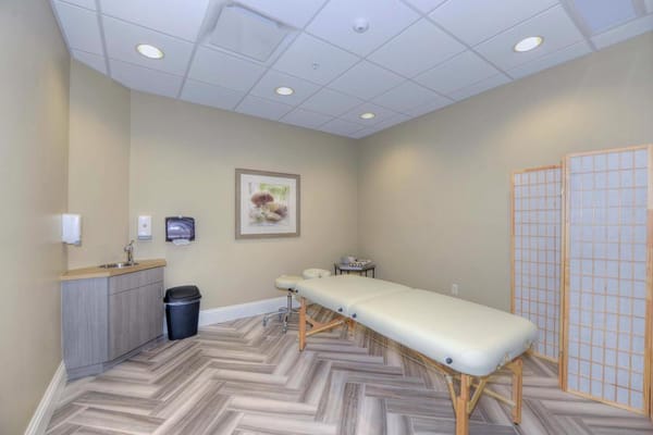 Massage therapy room with treatment table