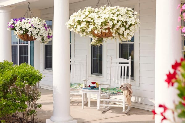 Outdoor seating area with rocking chairs and flower planters