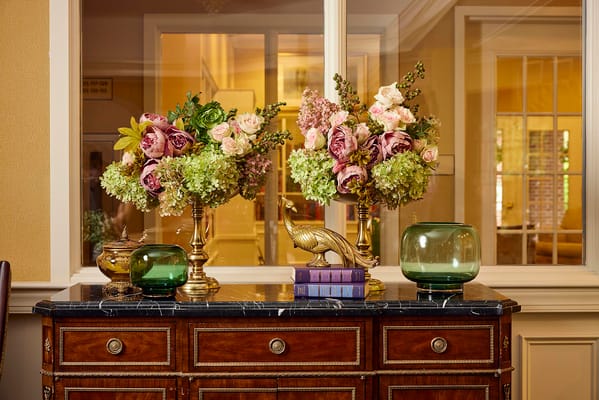 Decorative flowers and vases in a common area