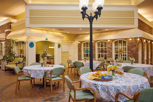 Dining area with decorated tables and food