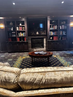 Cozy lounge area with bookshelves and fireplace