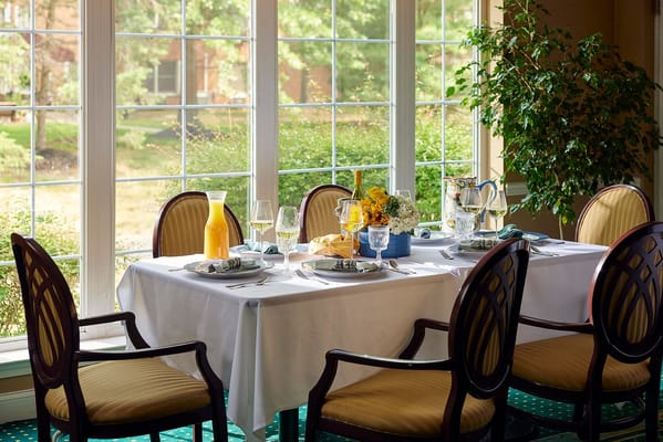 Dining table set for a meal with a view