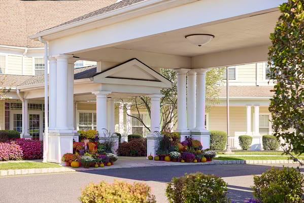 Entrance of a nursing home with seasonal decorations