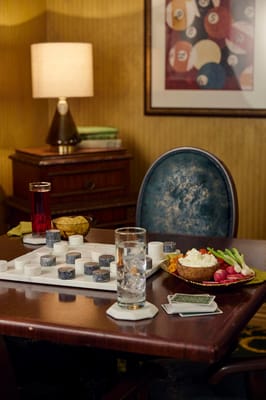 Dining table set with food and drinks