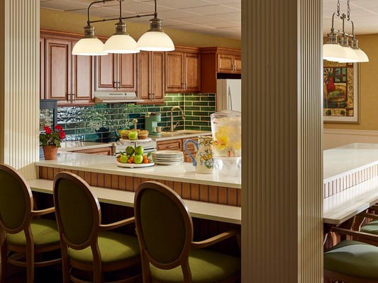 Bright kitchen area with countertop and fruit bowl