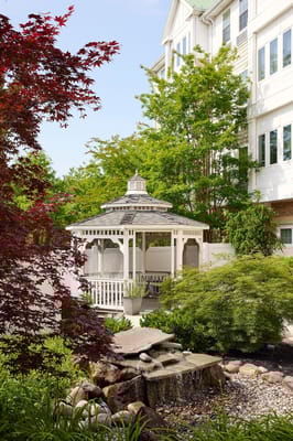 Outdoor gazebo surrounded by lush greenery