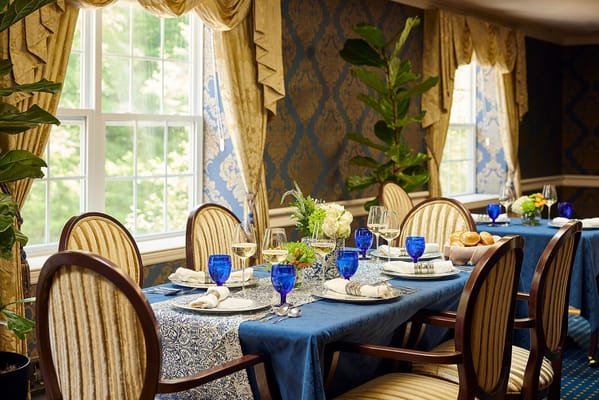 Elegant dining area set for a meal