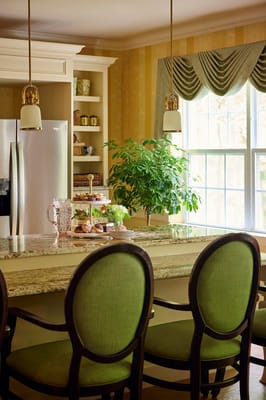 Interior view of a kitchen area with seating