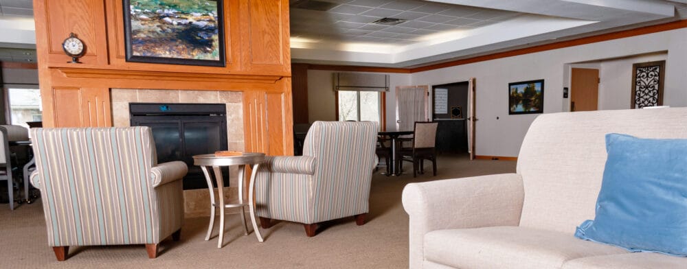 Cozy common area with seating and art