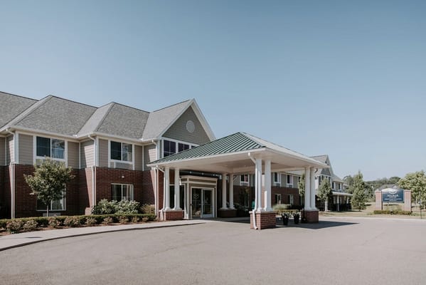 Exterior view of a senior living facility entrance