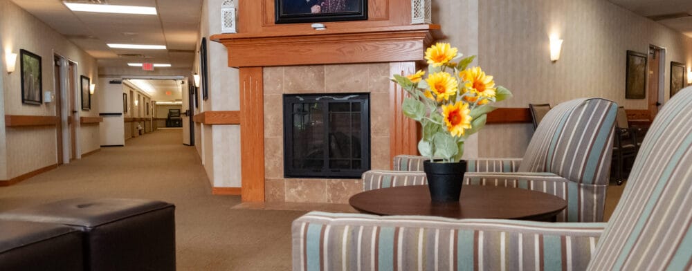 Cozy common area with seating and fireplace
