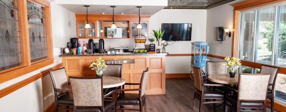 Interior common area with coffee station and seating