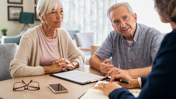 Two seniors engaging in a discussion with a staff member