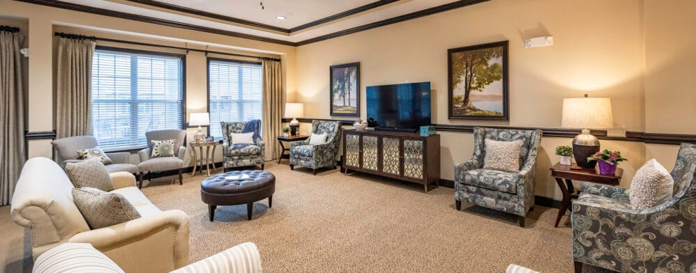 A cozy common area with comfortable seating and decor