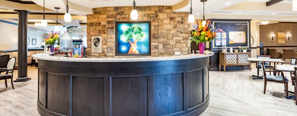 Bright interior of a common area with seating and decor