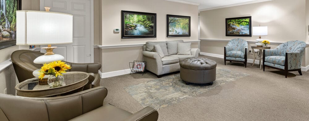 Comfortable lounge area with artwork and seating