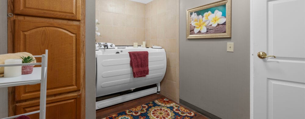Interior view of a private bathroom with a bathtub