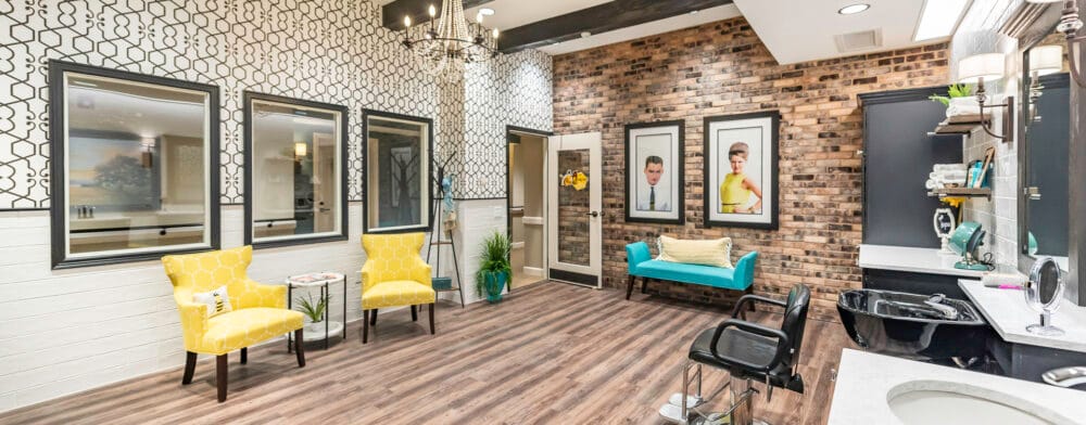 Stylish salon area with modern decor and seating