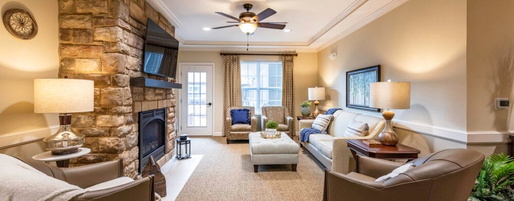 Bright common area with seating and decor