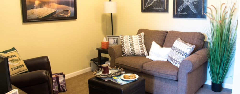 Cozy common area with snacks and decor