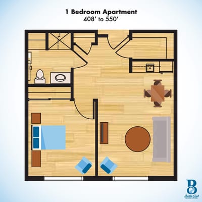 Architectural floor plan of a one-bedroom apartment